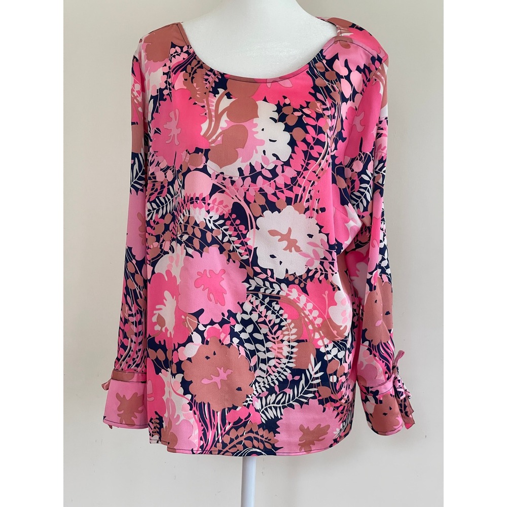 Talbots Pink Floral Button Back Tie Cuff Blouse XL